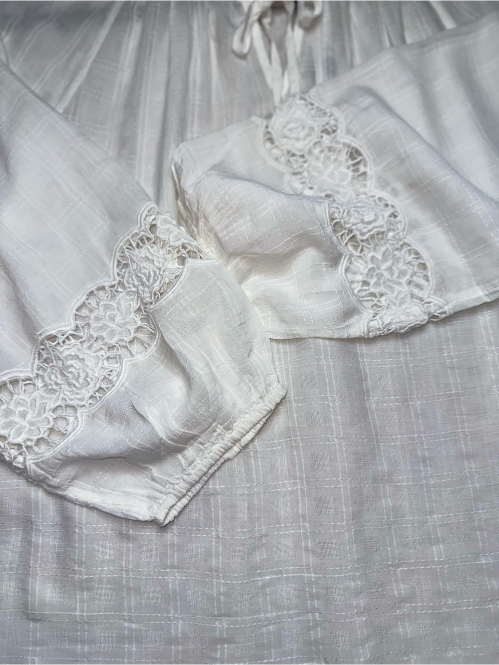 Chico's White Tie-Neck Peasant Blouse with Crochet Sleeves - Picture 6 of 9